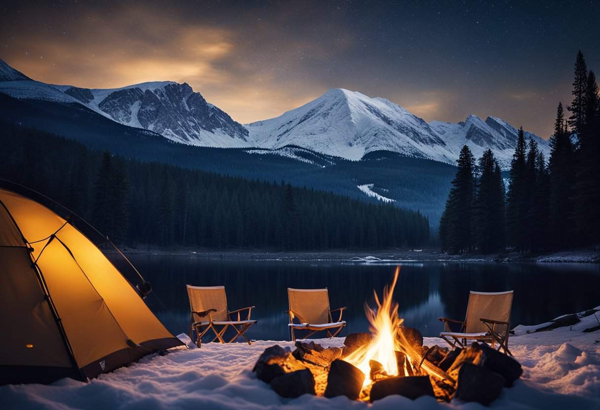 campfire by the lake in winter.