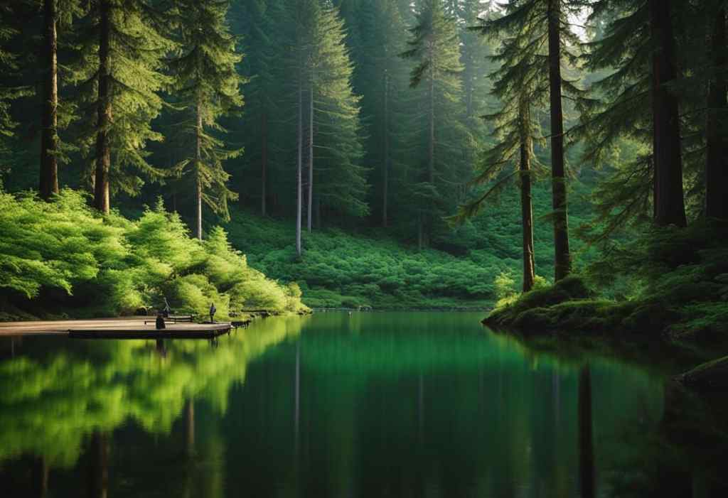 lake in the woods with a dock.