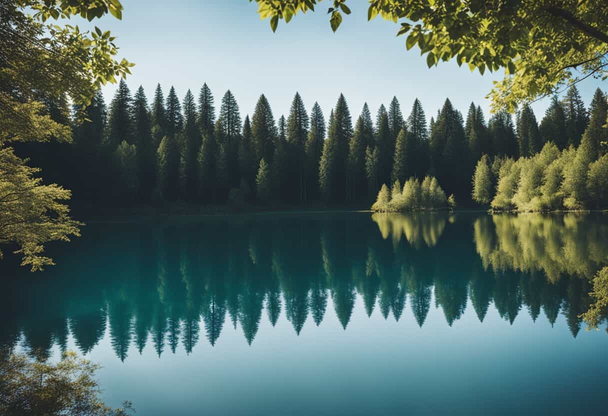 lake surrounded by evergreen forest. Best family camping in washington.