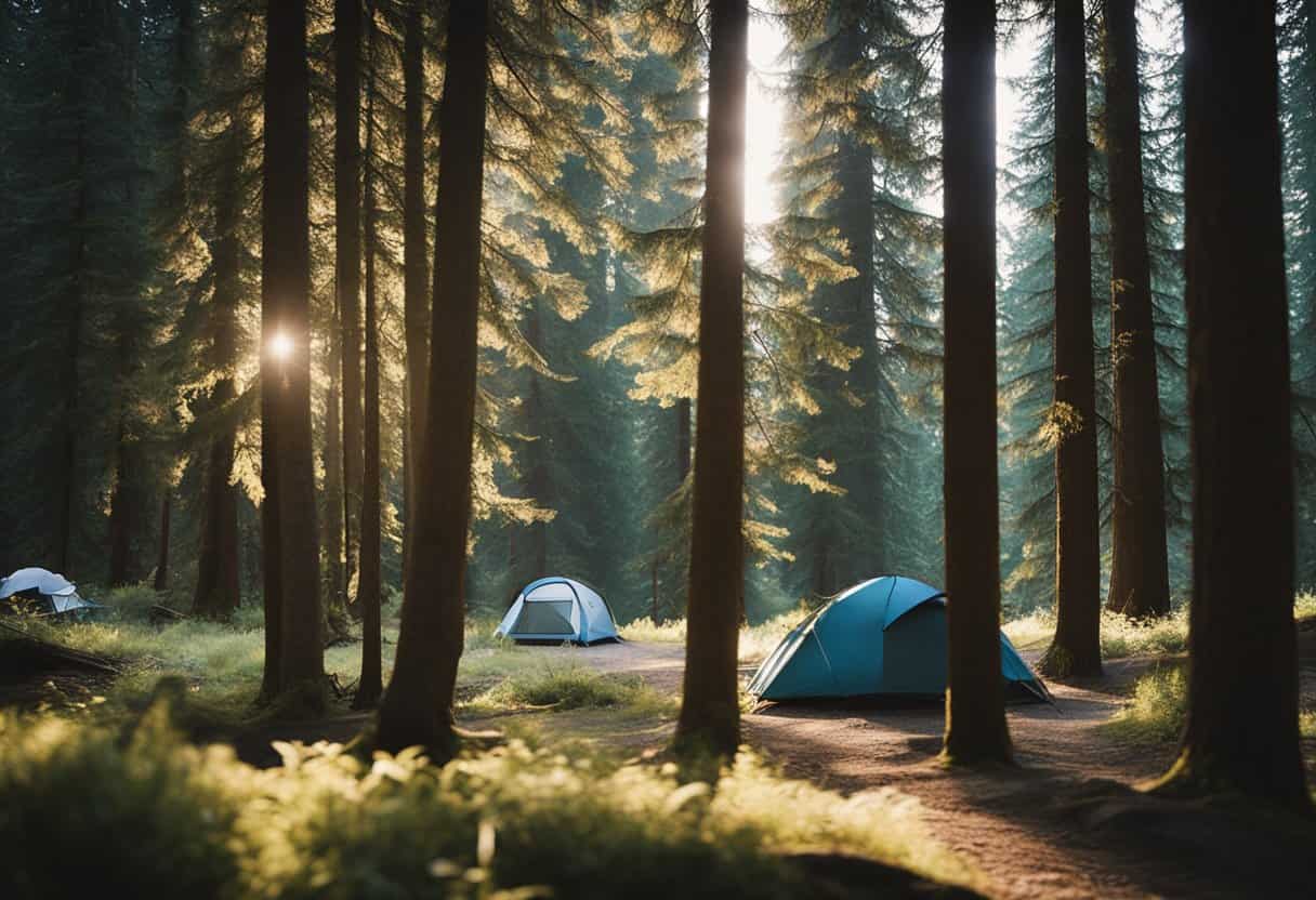 multiple tents at a forested campsite.