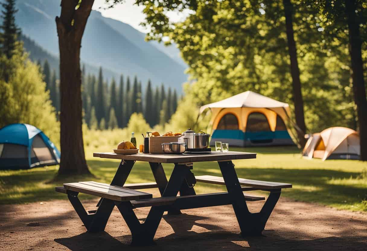 picnic table setup with food in the foreground with tents pictured in the distance at surrounding campsites.