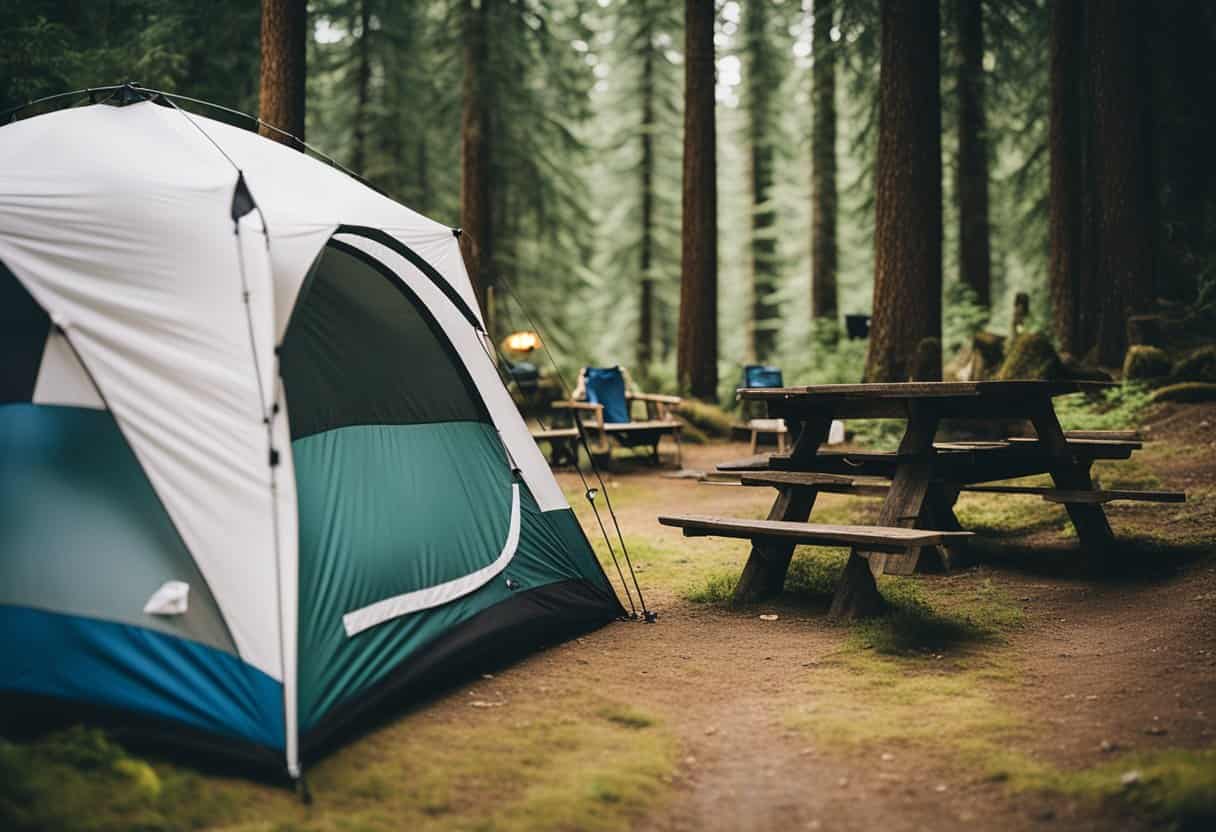 a tent pictured with a picnic table and camp chairs in the distance surrounded by old-growth forest.