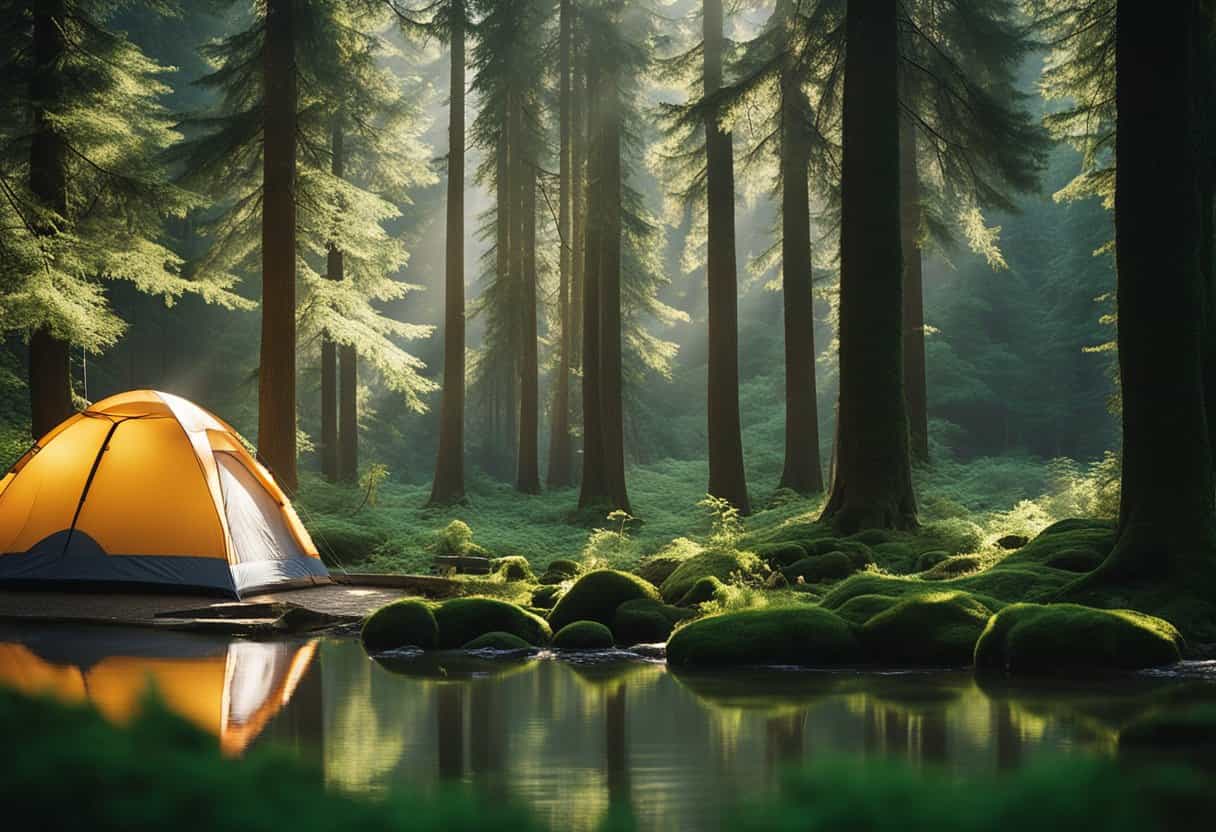 tent at a lakeside campsite in old-growth forest.