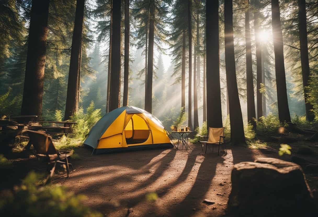 campsite with a single tent and multiple campchairs with a picnic table in the background.