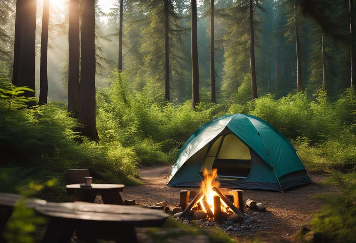 tent at a campsite with a campfire burning in a fire pit in front of the tent.
