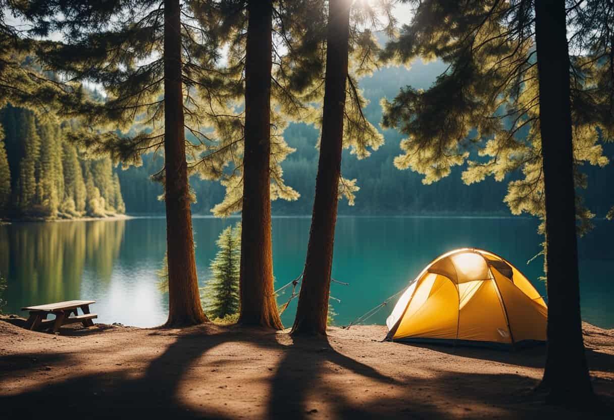 best family camping in washington. A tent at a campsite near a lake surrounded by pine forest. family camping ideas.