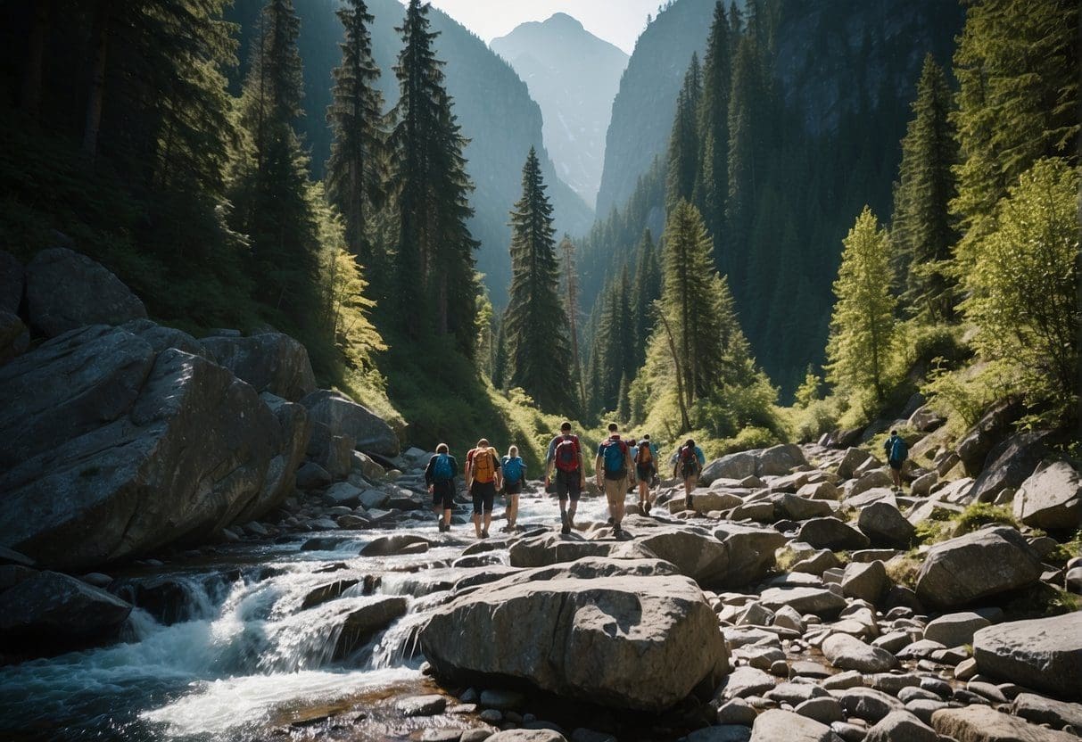 hikers walking up a river bed in the mountains.