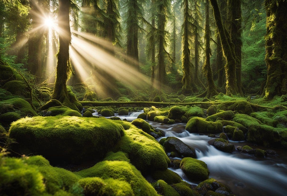 old-growth forest with the sun shining through covered in moss. hoh rainforest campground.