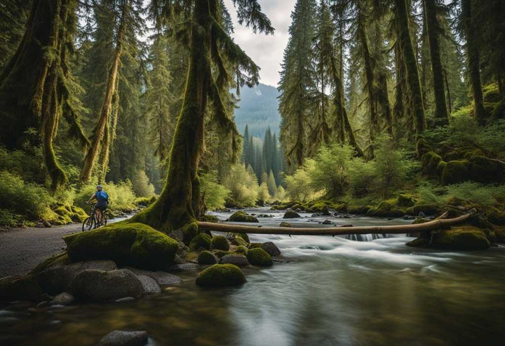 mountain biking near a river in a old-growth forest.