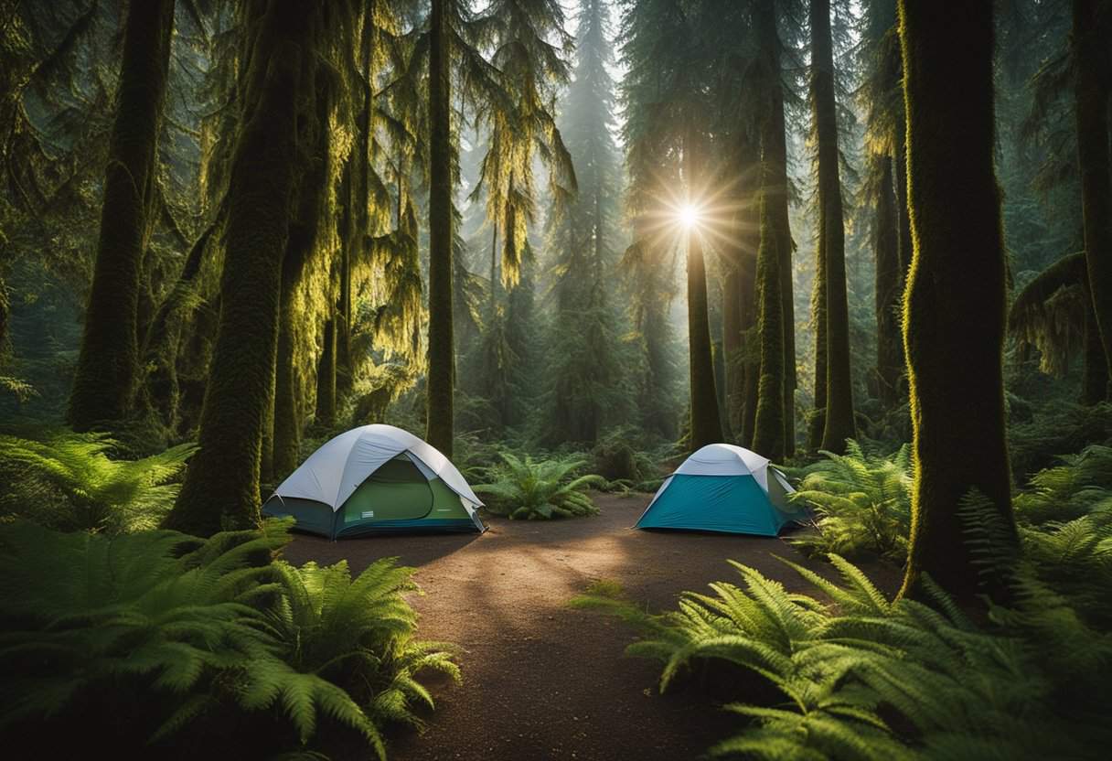 campsite in an old-growth forest covered in moss.