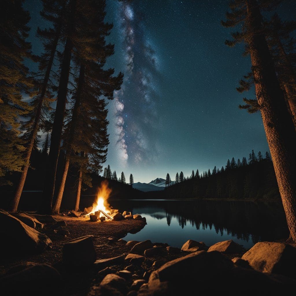 bonfire by a lake with the night sky. DIY Camping Hacks.