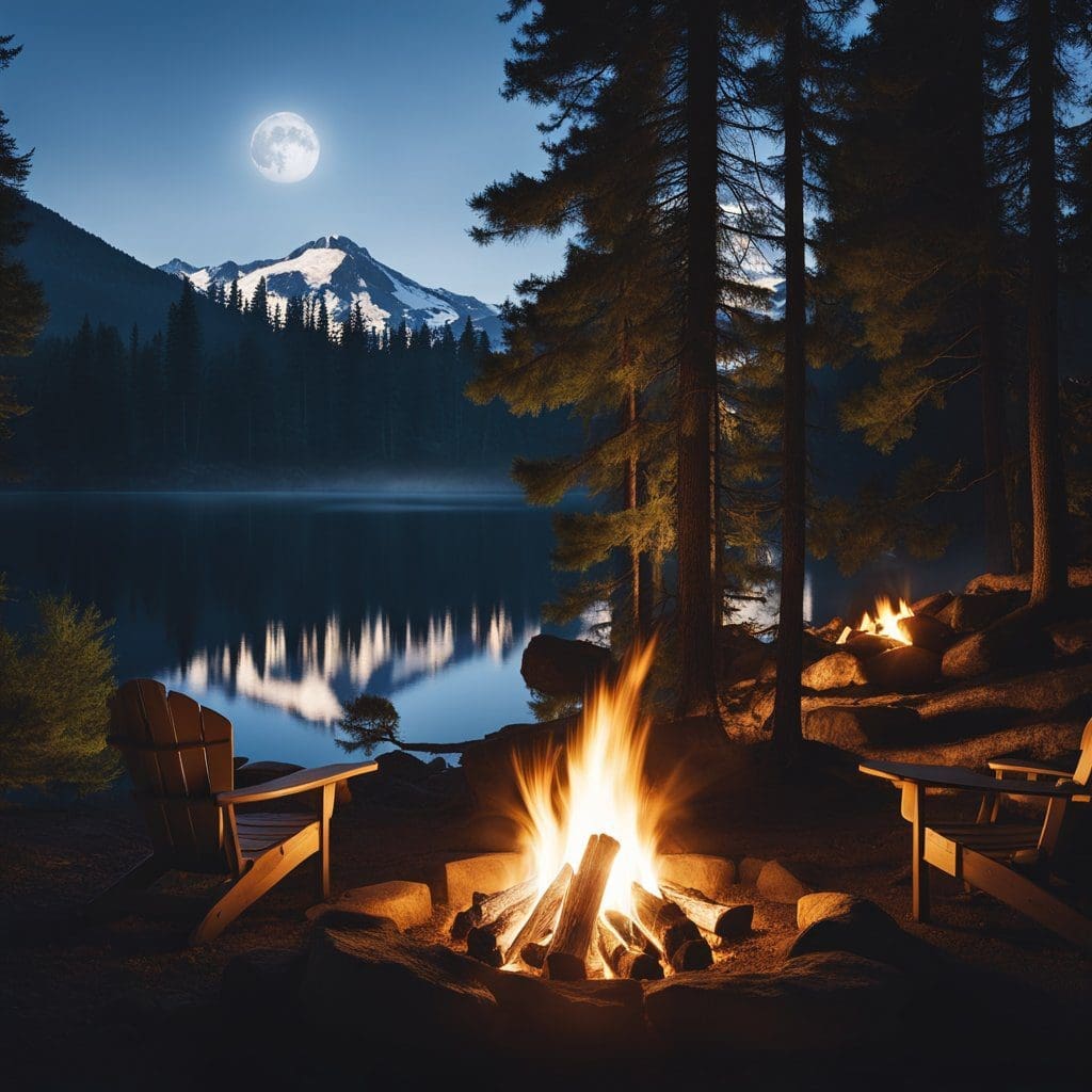 campfire by a lake with the moon up over a mountain.