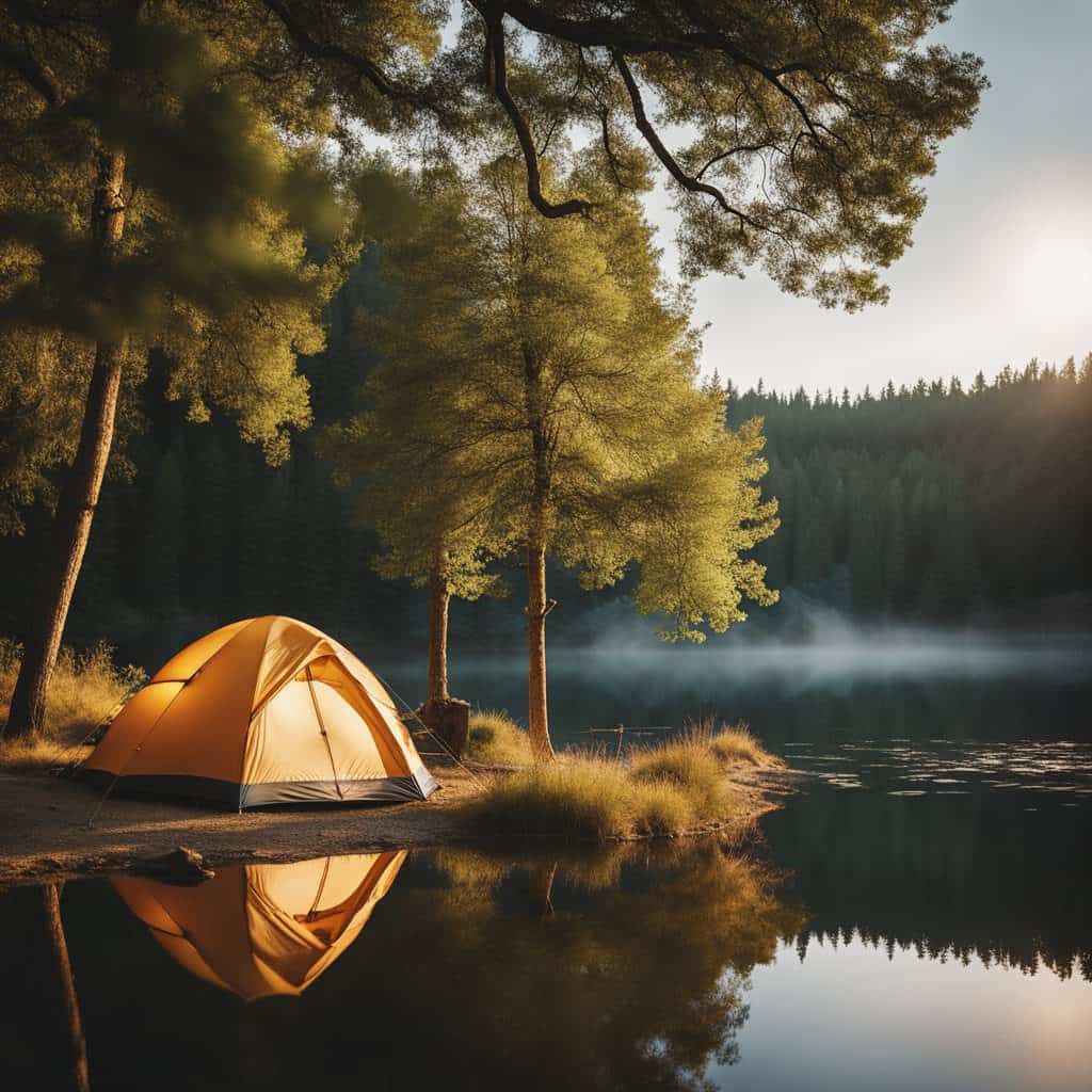 tent by a lake in the morning with mist coming off the lake.