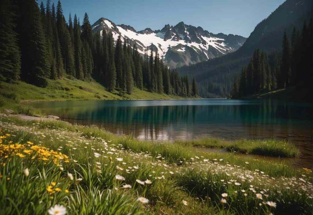 flowers in bloom by a lake with mountains in the background. Spring camping in Olympic National Park