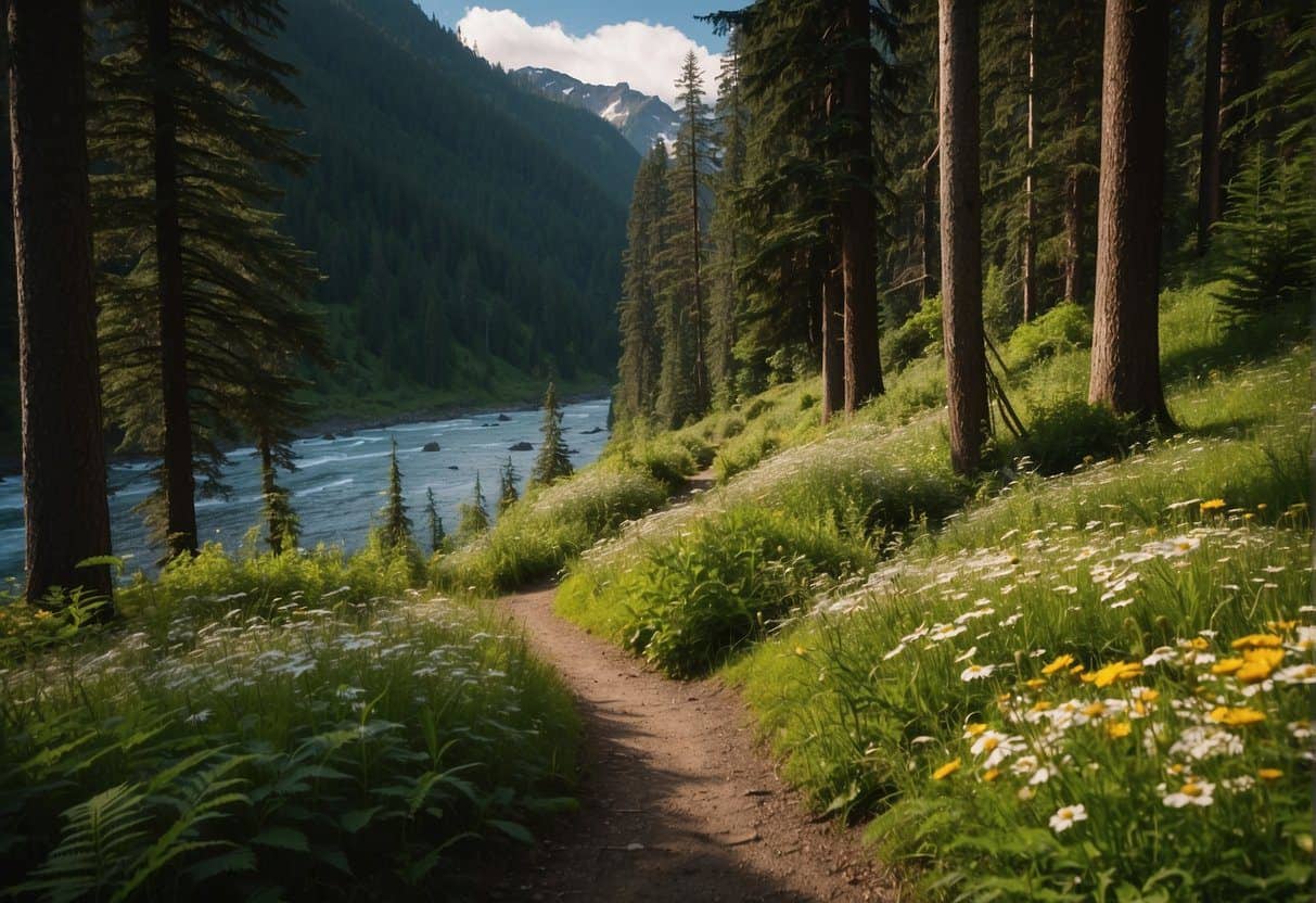 hiking trail along the river with mountains in the distance