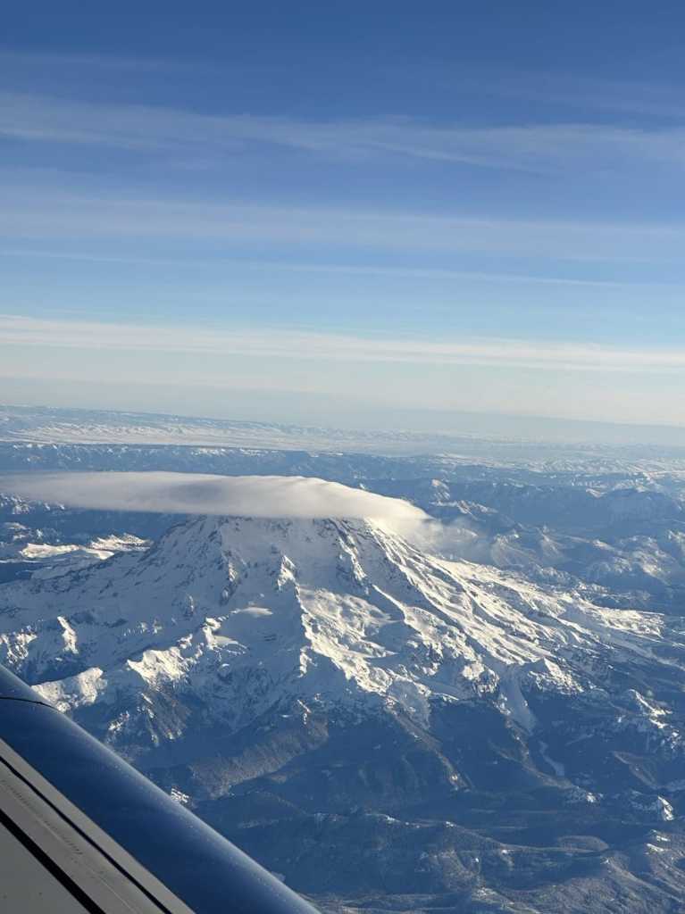 Mount Rainier as viewed during a flyover. National Parks in Washington State.