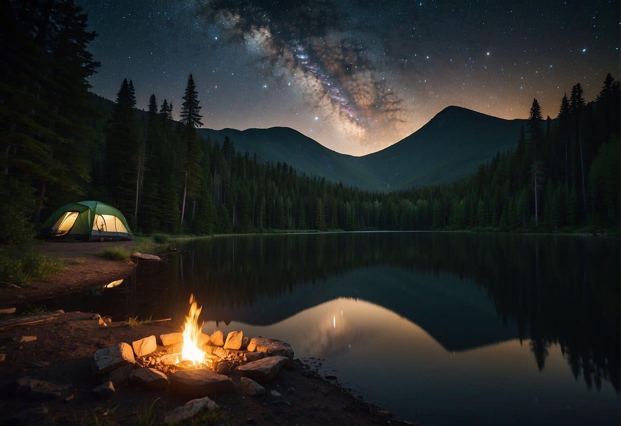Lush green forests surround a tranquil lake, with a campfire glowing under the starry night sky. Tents are pitched in the distance, and a winding trail leads deeper into the wilderness.