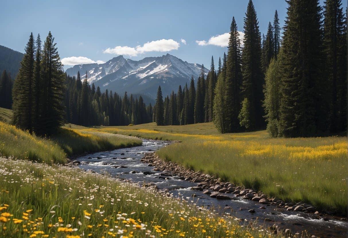 Rolling hills, dotted with wildflowers, stretch to meet snow-capped peaks. A gentle stream winds through the meadow, reflecting the clear blue sky. Tall evergreen trees stand sentinel in the distance