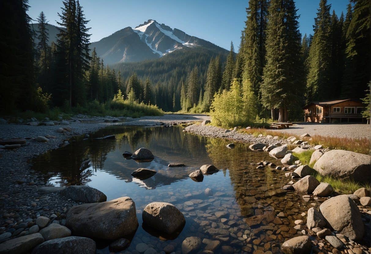 A serene campsite nestled among tall trees with a clear stream nearby, surrounded by the majestic peaks of Mt. Baker-Snoqualmie National Forest