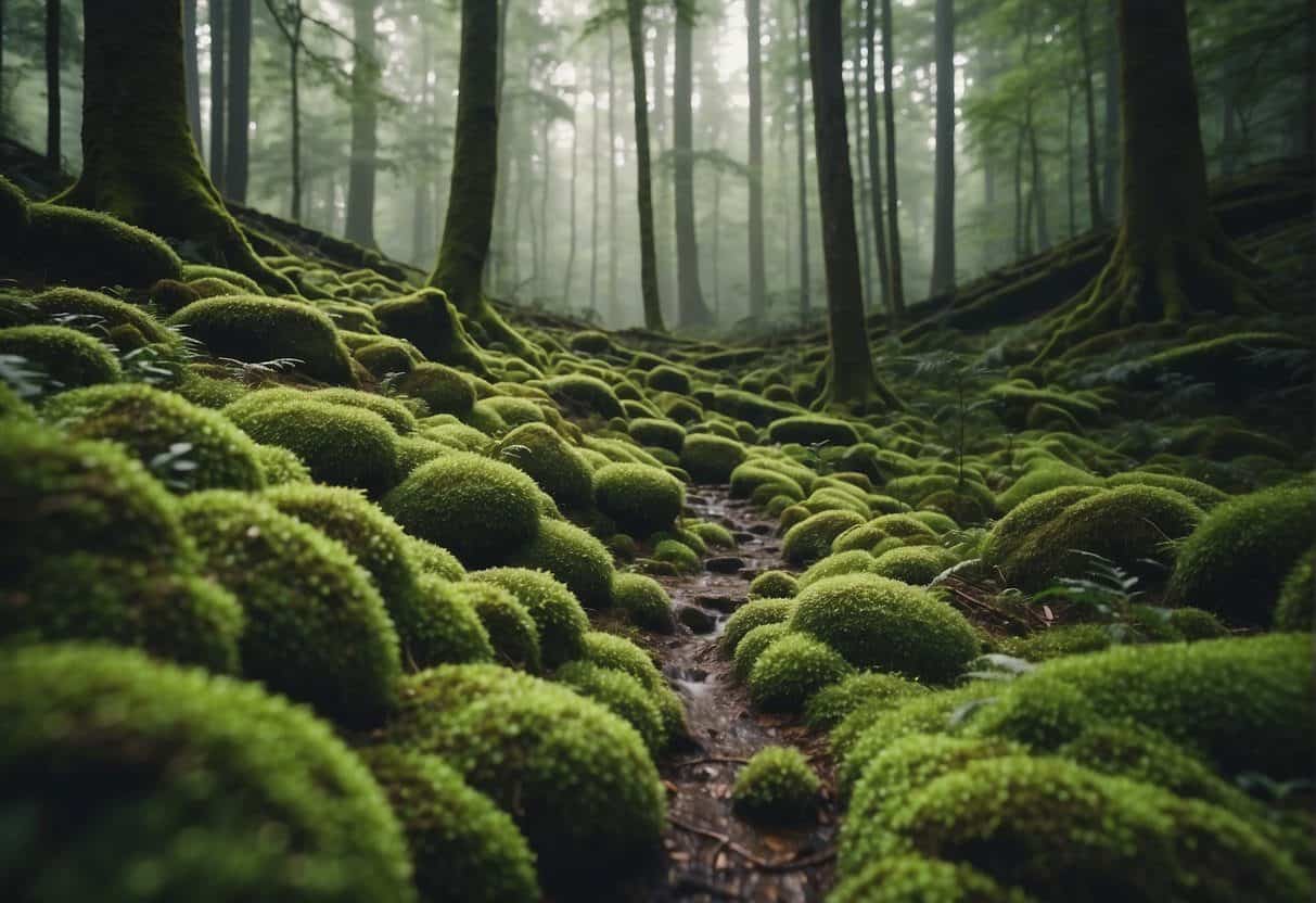 Lush green trees tower over a moss-covered forest floor, with a gentle mist hanging in the air. The sound of rushing water can be heard in the distance