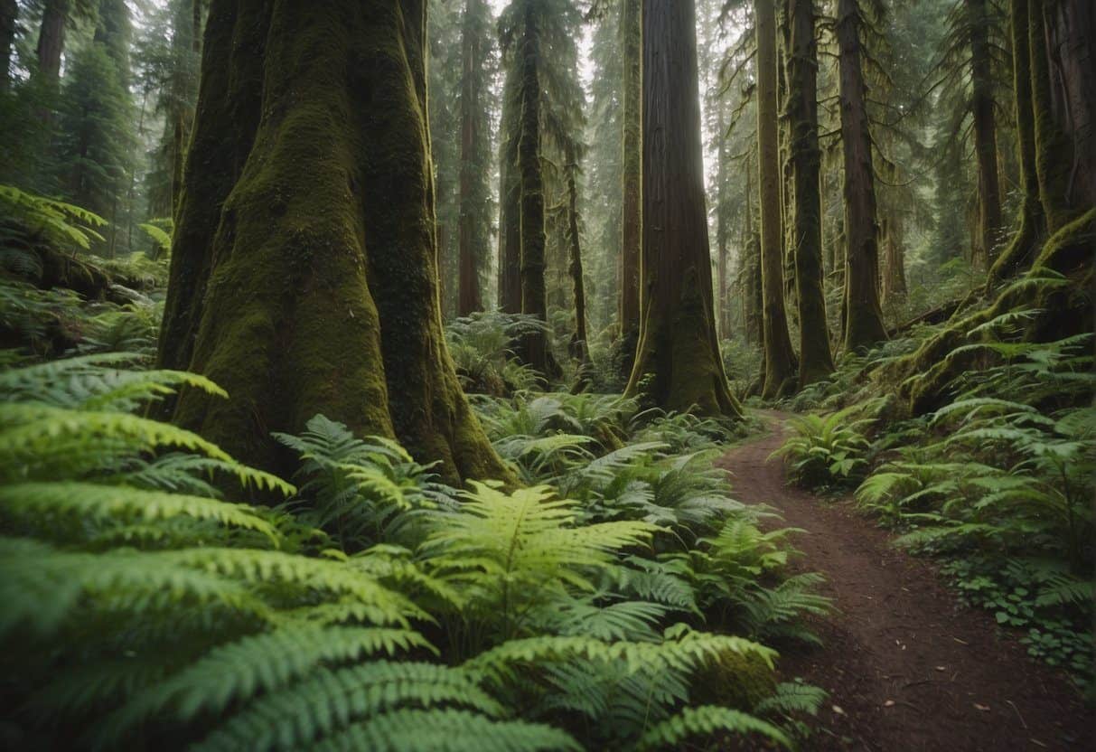 Lush green trees tower over a diverse understory, while a variety of wildlife roam through the dense foliage of the coastal temperate forests of the Pacific Northwest