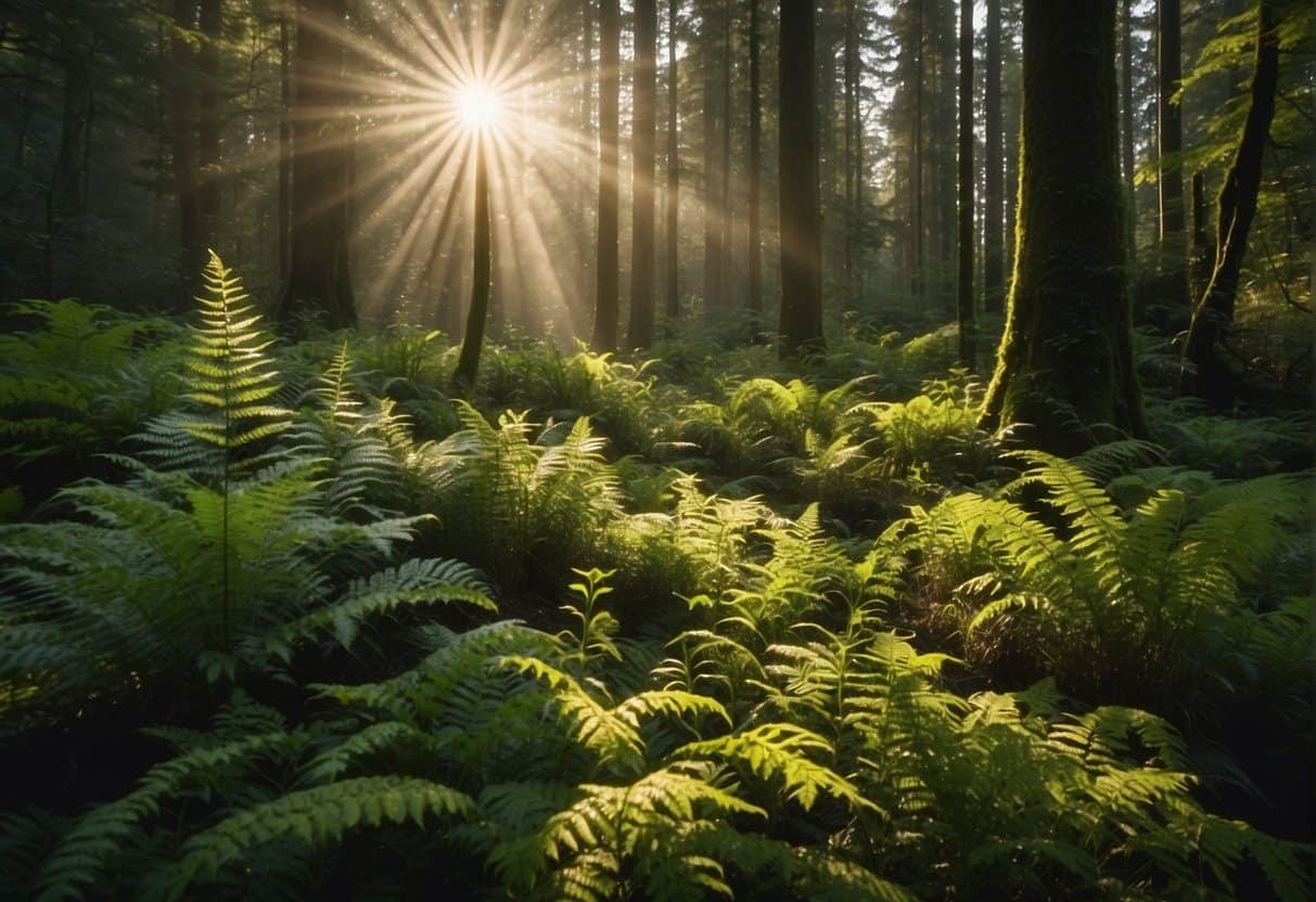 Lush green trees tower over a forest floor carpeted with ferns and moss. Sunlight filters through the dense canopy, highlighting the vibrant ecosystem of the coastal temperate forests in the Pacific Northwest