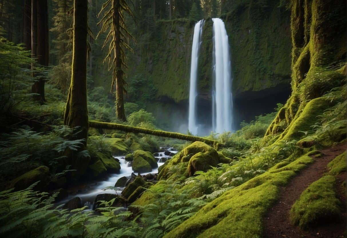 Lush green forest with towering trees, winding trails, and cascading waterfalls found in Olympic National Park hiking.