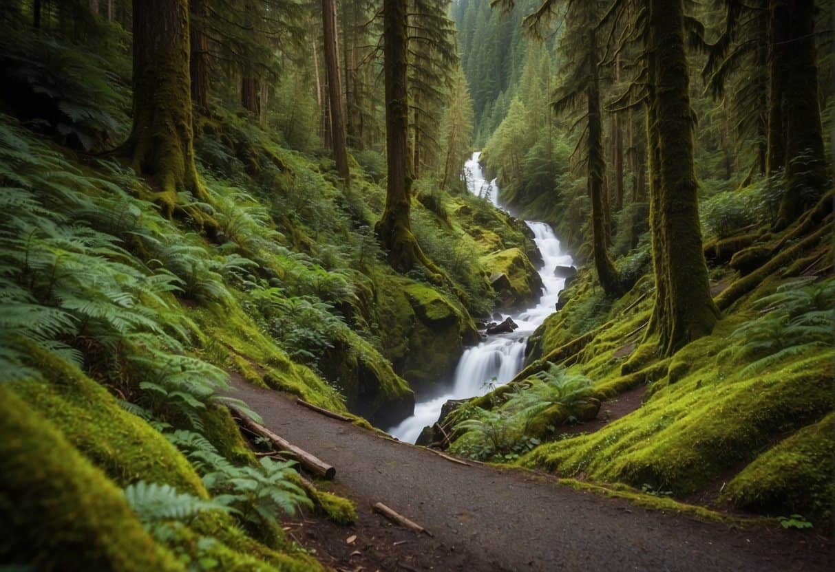 Lush green trails wind through Olympic National Park, leading to majestic waterfalls and breathtaking mountain vistas. Accessible amenities include well-maintained paths and informative signage for hikers of all abilities