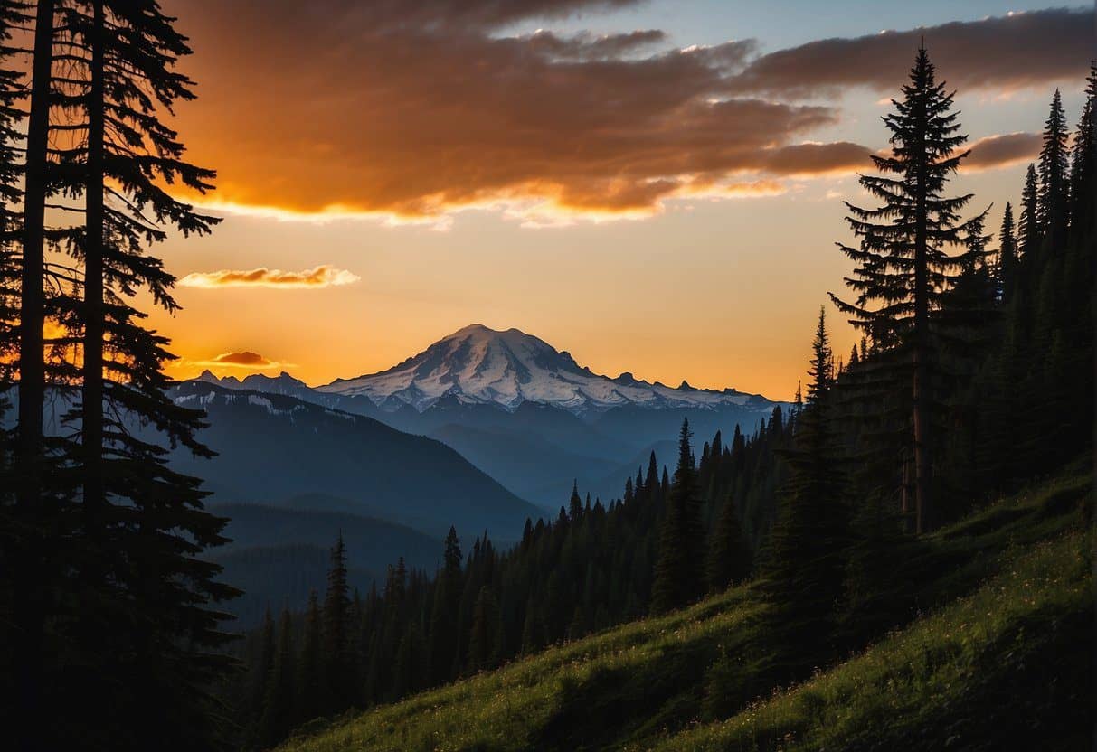 The sun sets behind the silhouette of Mount Rainier, casting a warm glow on the iconic peaks and valleys of the national park