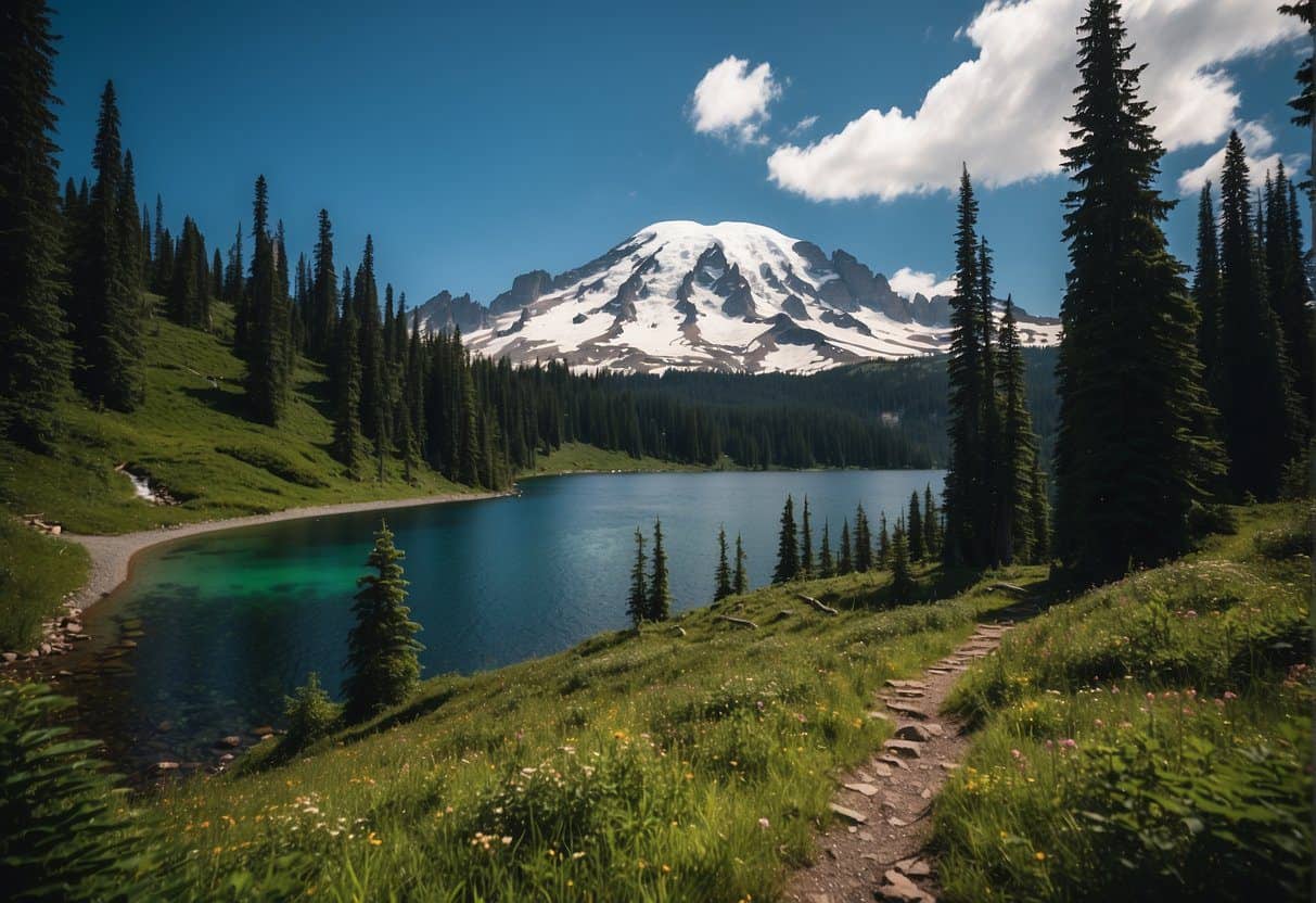 Lush green forest with winding trails, towering snow-capped peaks, and clear alpine lakes in Mount Rainier National Park