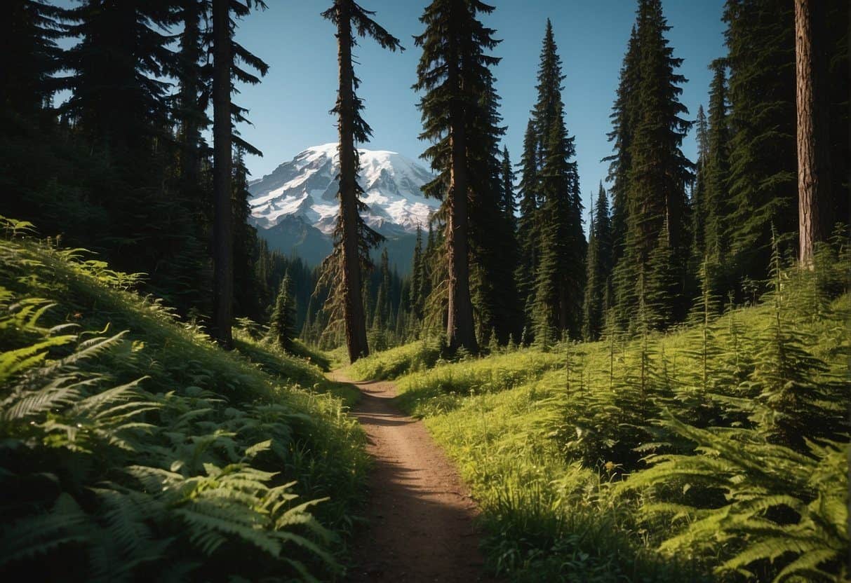 Lush green forest with towering trees, winding trails, and snow-capped peaks in the distance are just part of the beauty of Mount Rainier National Park hiking.