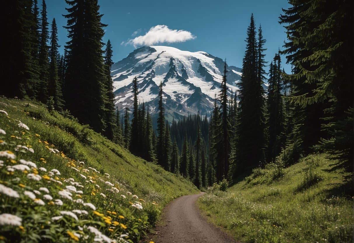 Lush green forest trail winds through Mount Rainier National Park, with snow-capped peaks in the distance