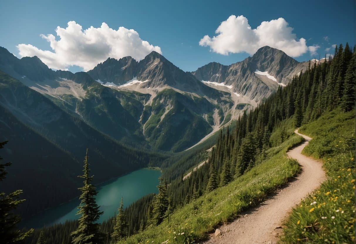 Lush green mountains rise above a winding trail, leading to a serene alpine lake nestled in the North Cascades National Park