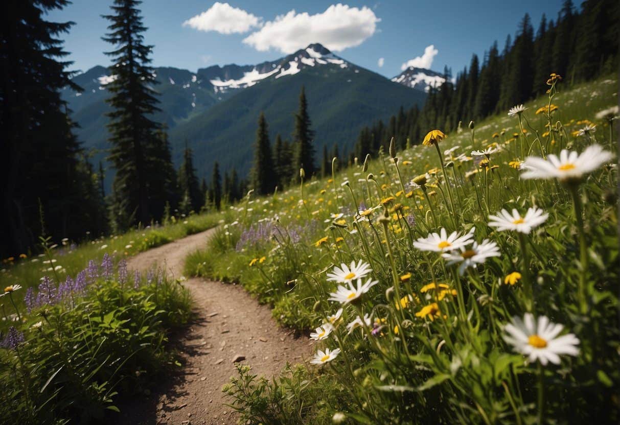 Lush green forests and snow-capped peaks surround a winding trail near Snoqualmie Pass, with vibrant wildflowers blooming in the summer sun