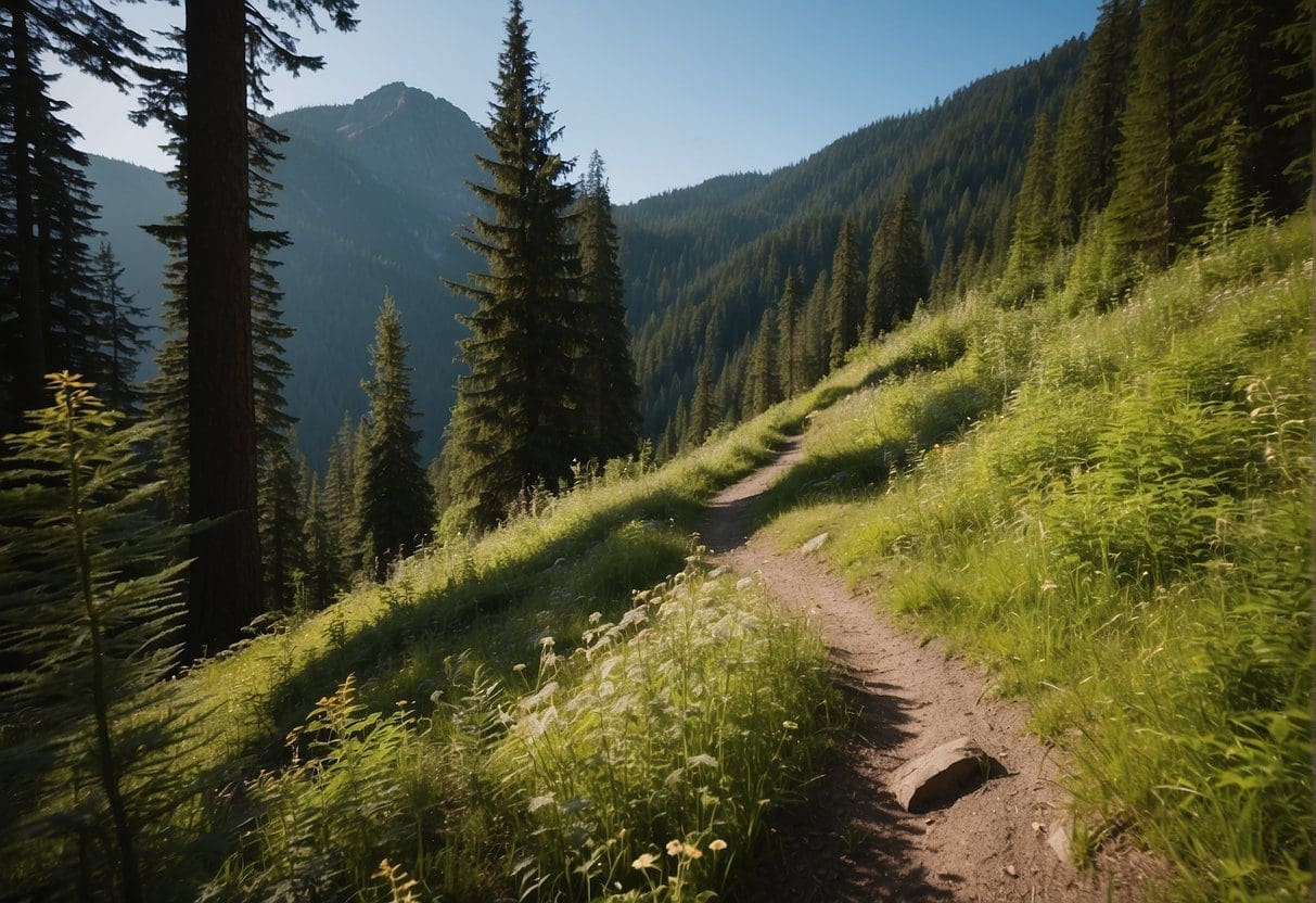 Lush forest trail winds through mountains near Snoqualmie Pass. Clear blue skies and a gentle breeze make for perfect hiking conditions