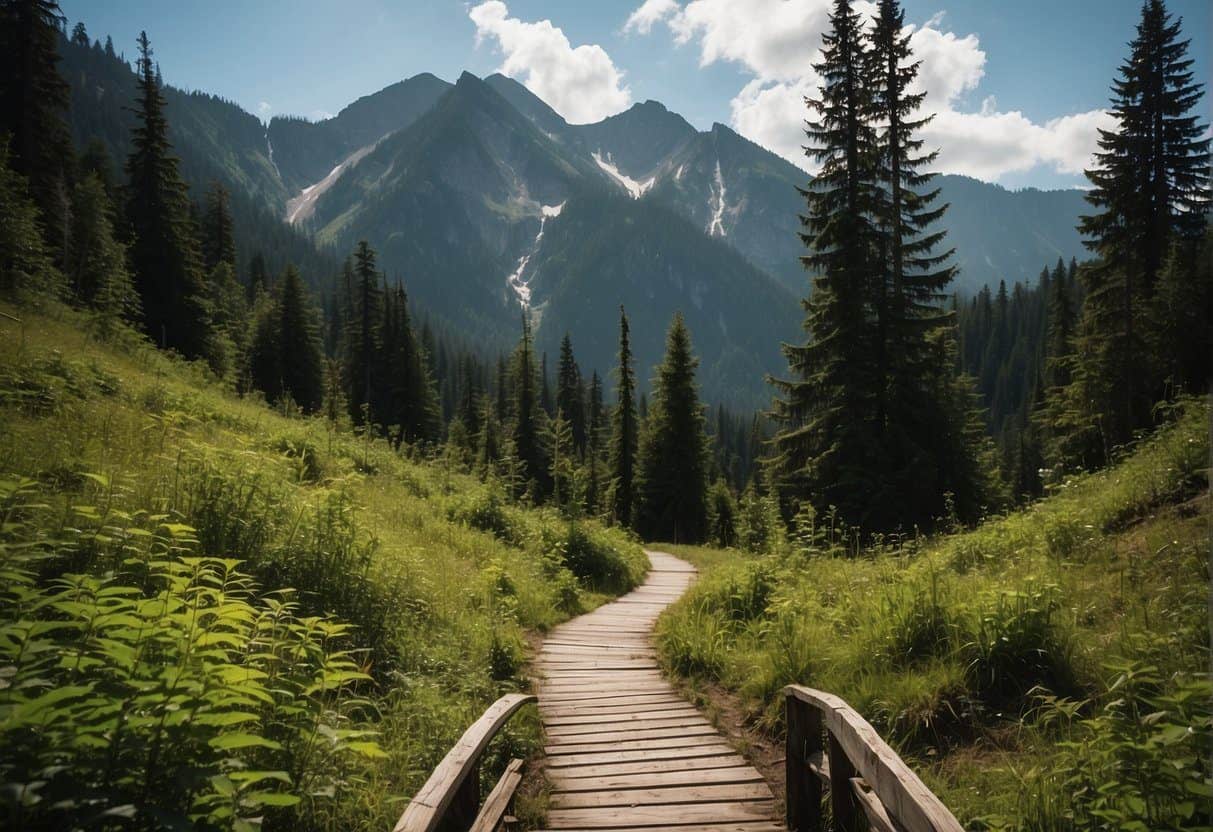 Lush green forests and towering mountain peaks surround a well-worn trail leading to stunning waterfalls and breathtaking vistas near Snoqualmie Pass