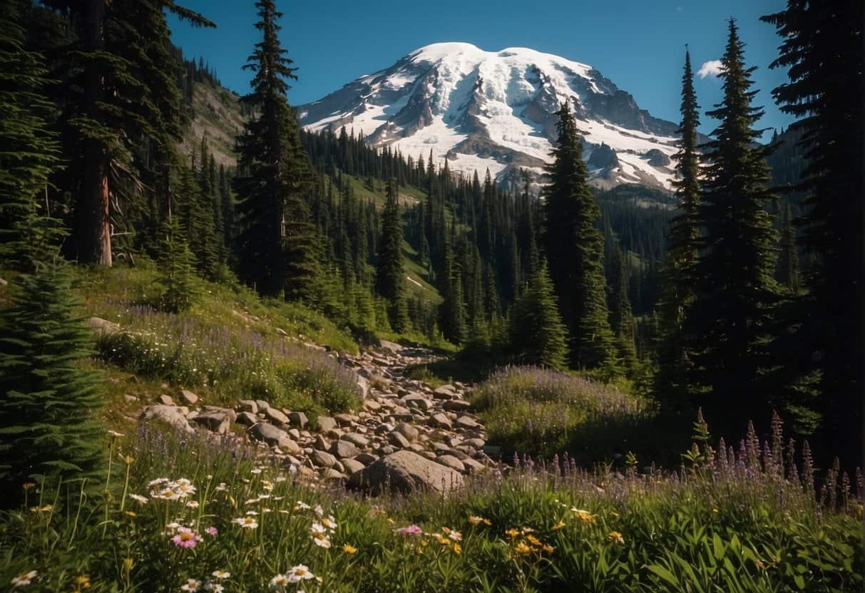 Lush forests, snow-capped peaks, and diverse wildlife in Mount Rainier National Park. Hikers and campers explore the natural wonders
