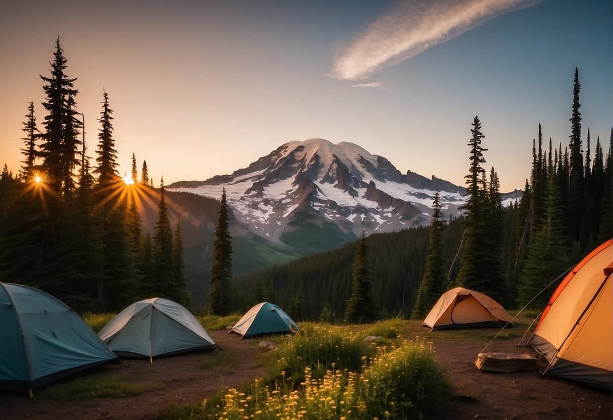 Sunrise over Mount Rainier, casting a warm glow on the rugged landscape. Tents dot the campground as hikers set out on trails through lush forests and alpine meadows