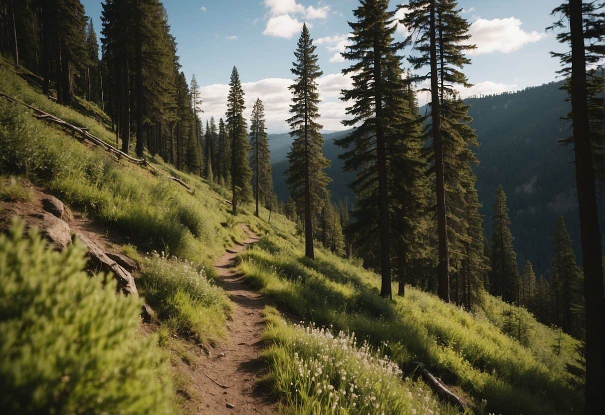 Lush green forests and snow-capped mountains surround the winding trails near Spokane, creating a picturesque scene for hikers to explore