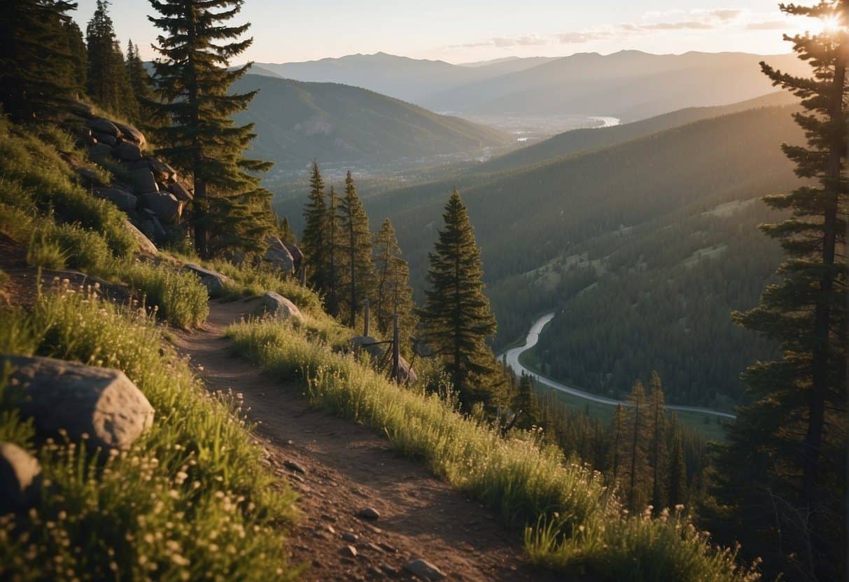 A rugged mountain trail winds through dense forests, with steep inclines and breathtaking views of the Spokane Valley below