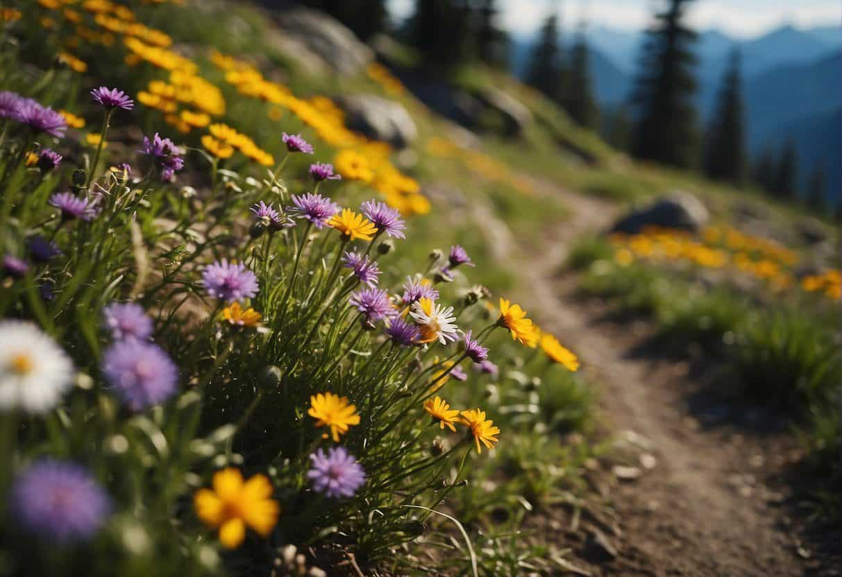 Vibrant wildflowers blanket the lush PNW trail, weaving through towering evergreens and moss-covered rocks. Sunlight filters through the canopy, casting a warm glow on the colorful blooms