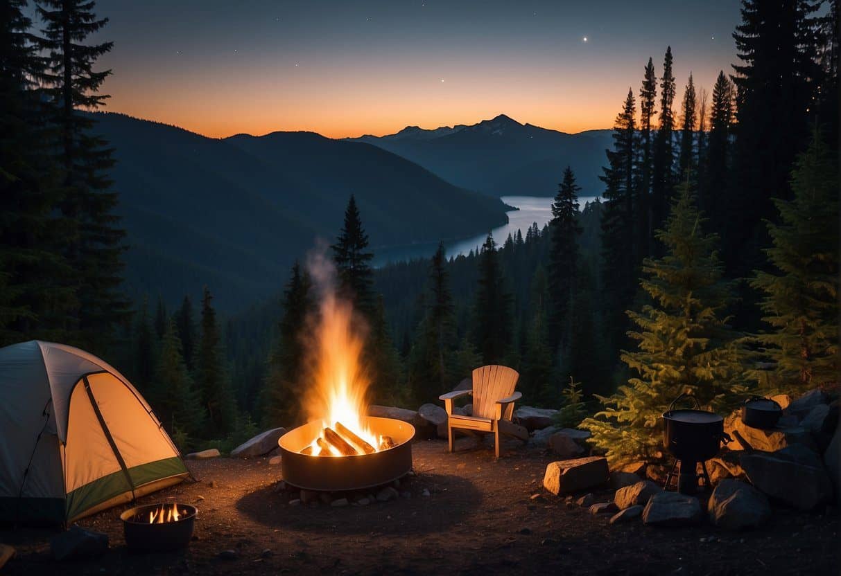 A serene campsite nestled among towering evergreen trees in Washington state, with a crackling campfire and a clear night sky overhead. A perfect answer for where to camp in Washington State