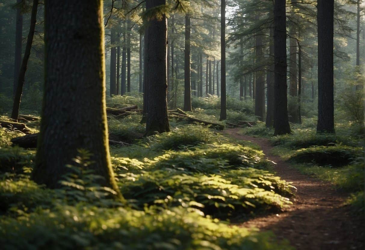 A serene forest clearing with designated camping areas, each tailored to different special interests, such as birdwatching, stargazing, and photography