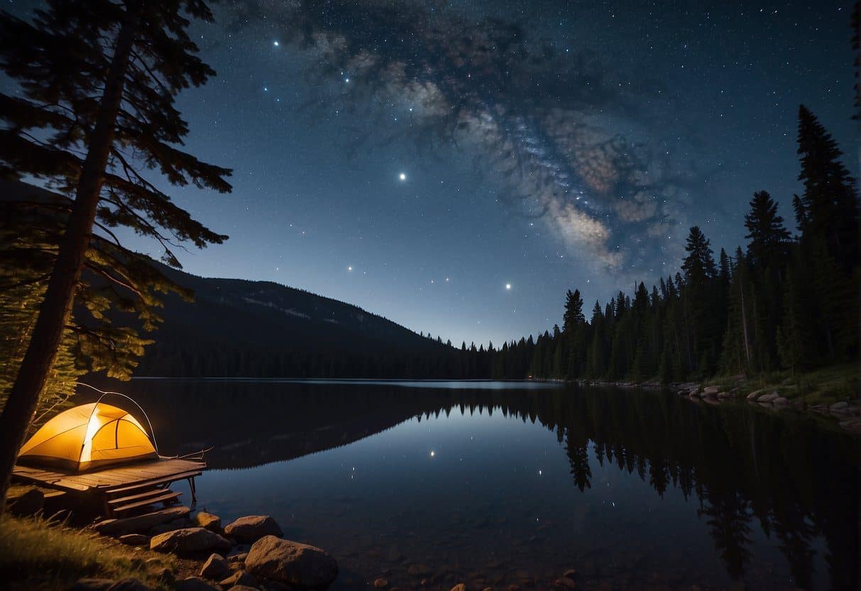 A serene lakeside campsite in Washington State, surrounded by towering evergreen trees and a clear, starry night sky