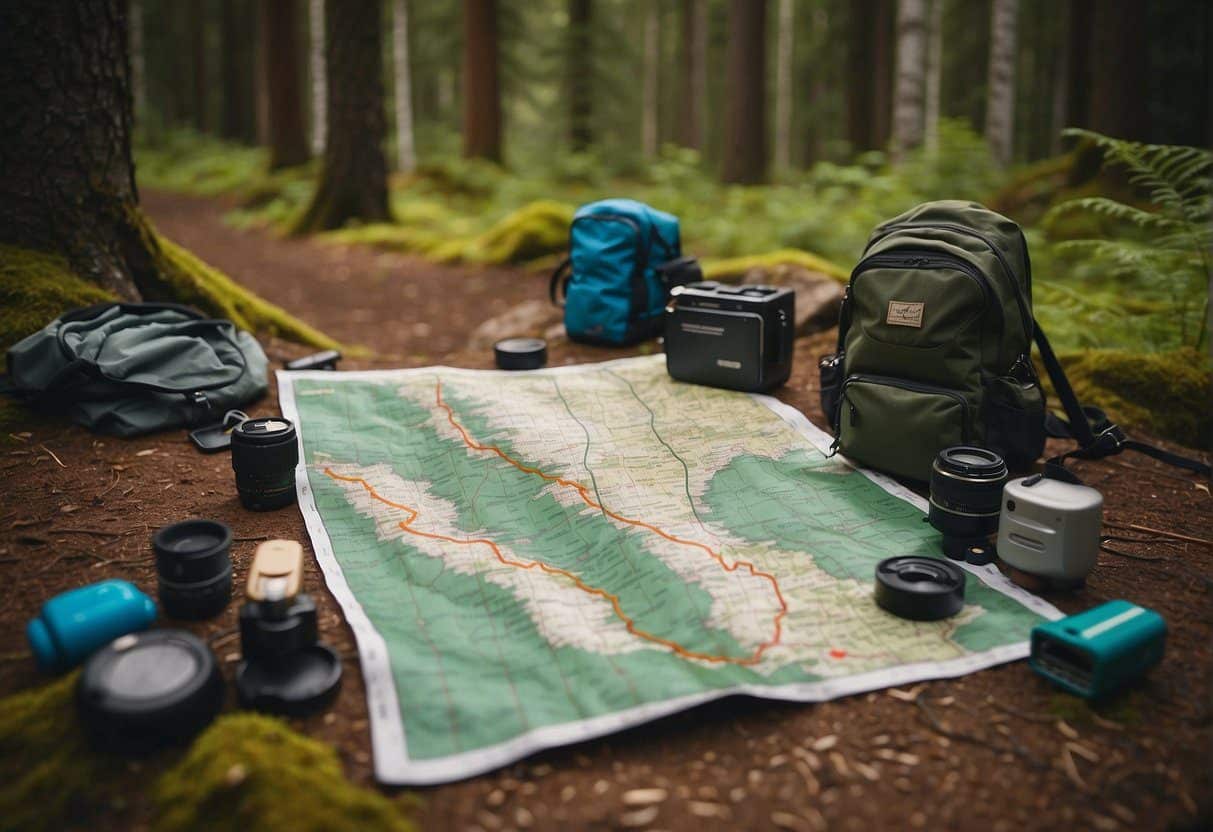 A map of Washington state with various camping locations marked. Outdoor gear scattered around, with a tent and backpack in the foreground. Forest and mountain landscapes in the background