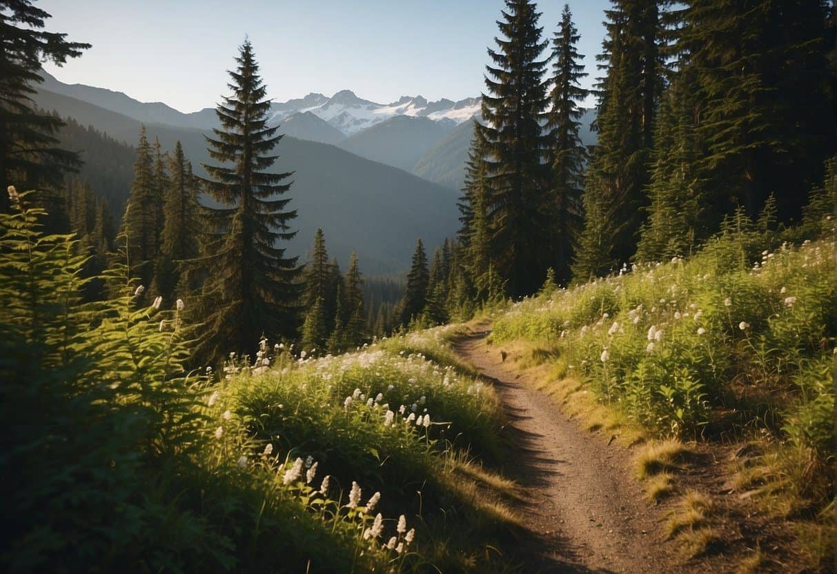 Hiking trail winds through lush forest, leading to a clearing with a stunning view of snow-capped mountains in Washington State
