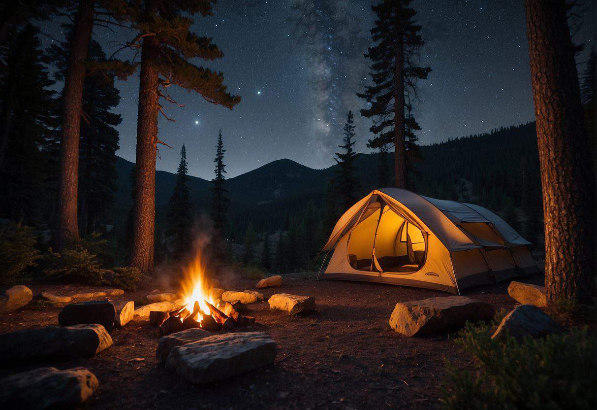 A campfire crackles in the center of a clearing surrounded by towering pine trees. Tents are pitched nearby, and a map and compass lay on a log, ready for adventure