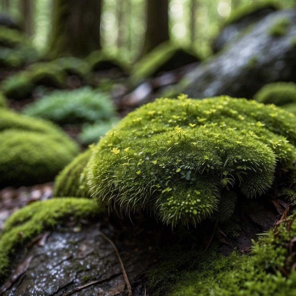 Moss thrives in damp, shady forests, while lichen grows on rocks and trees in open, sunny areas. The moss is lush and green, covering the forest floor, while lichen forms intricate patterns on the surfaces it inhabits