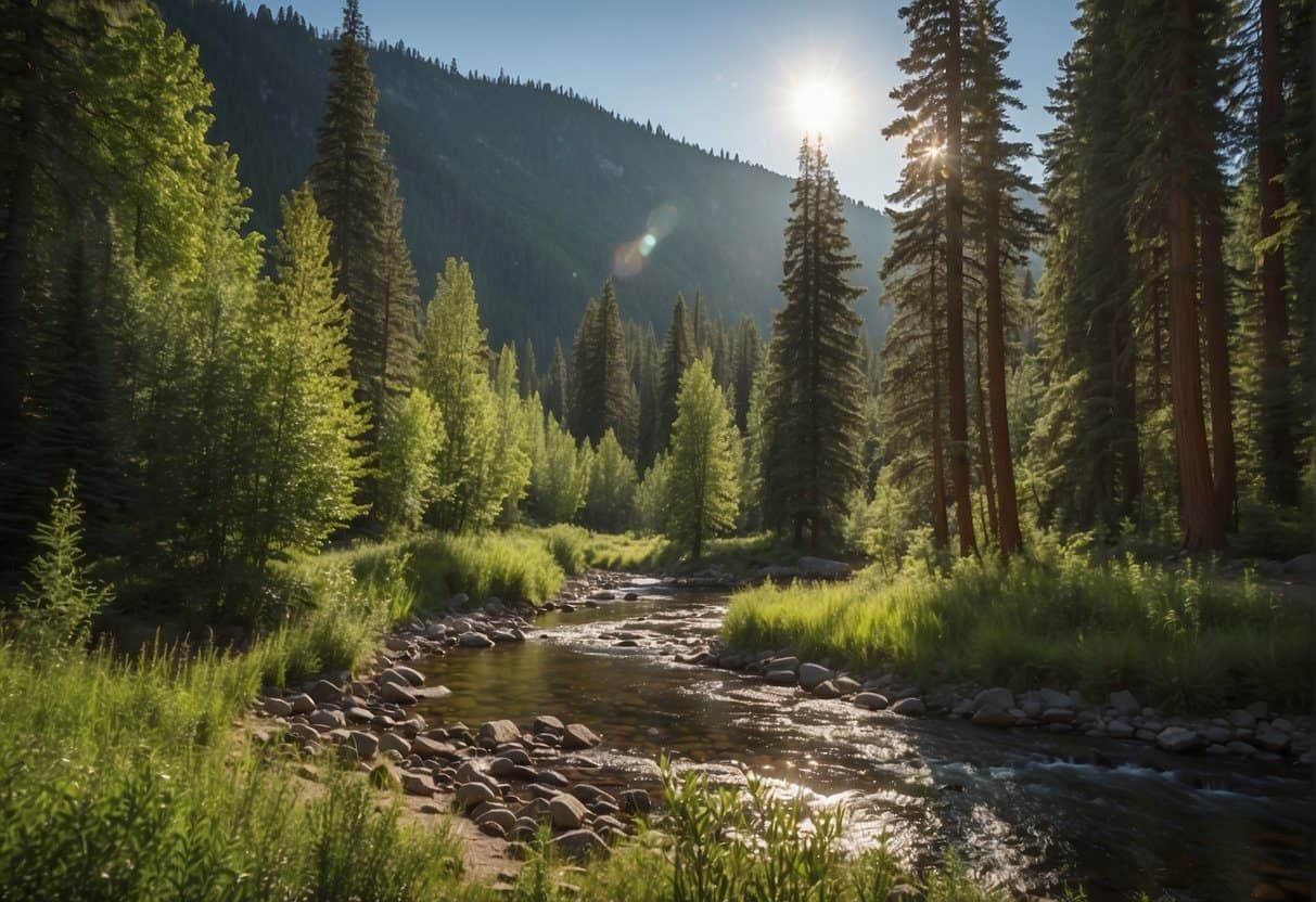 Lush green trees surround a tranquil campsite in Wenatchee National Forest. A sparkling river flows nearby, with hiking trails and wildlife adding to the natural beauty