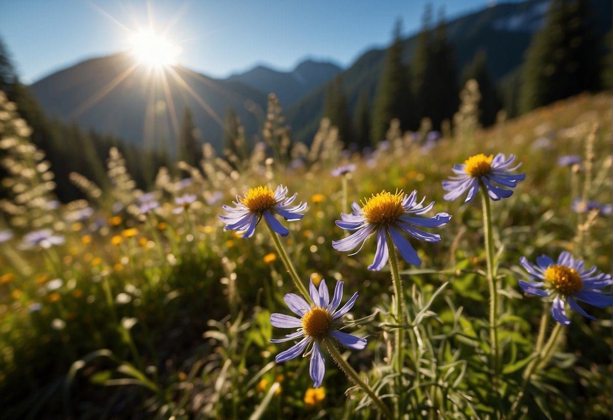 Vibrant wildflowers cover the rolling hills of Snoqualmie Pass, with a clear blue sky and the sun casting a warm glow. Cameras capture the beauty, while people eagerly share the stunning images on social media